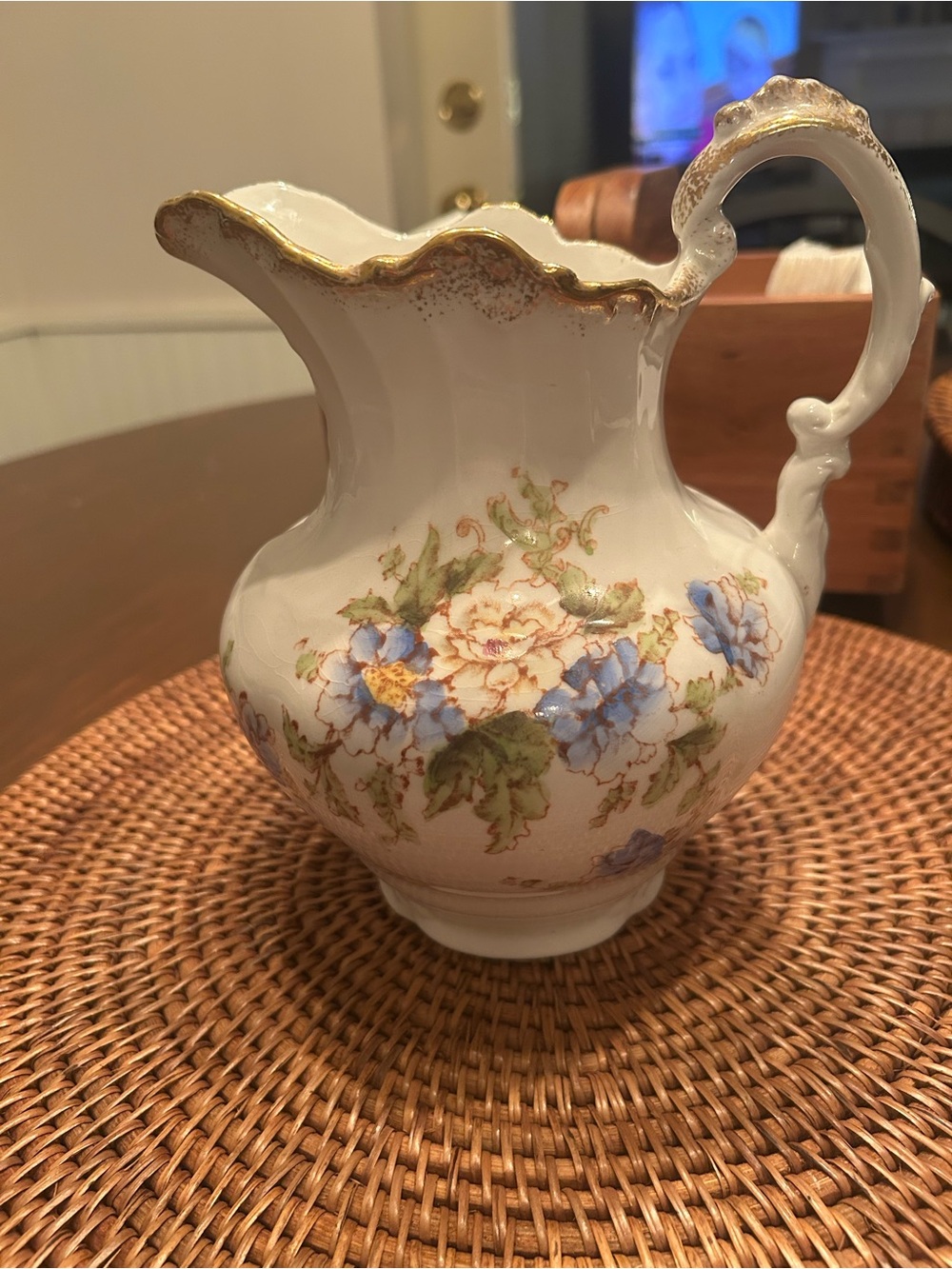 Porcelain Floral Pitcher in White with Blue and Gold Accents